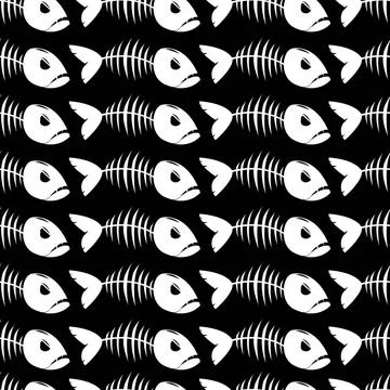 Seamless pattern with fish skeleton on black background. Seamless pattern ... 스톡 사진