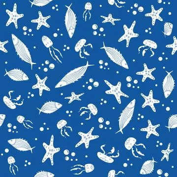 Seamless pattern with fish, starfish, and jellyfish on blue background for .. 스톡 일러스트