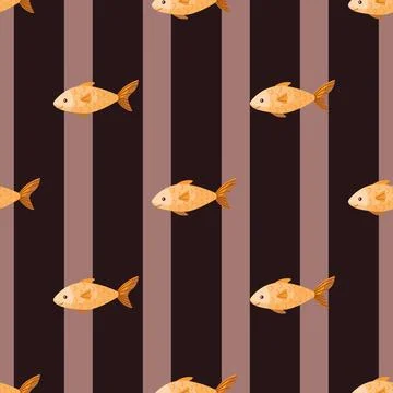 Seamless pattern fish on stripes brown background. Modern ornament with sea a Stock Illustration