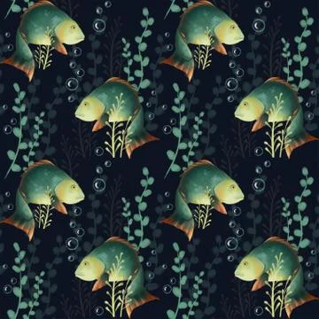 Seamless pattern with fish. Underwater world, crucian carp and algae on a dark 스톡 일러스트