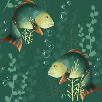 Seamless pattern with fish. Underwater world, crucian carp and algae on a green 스톡 일러스트