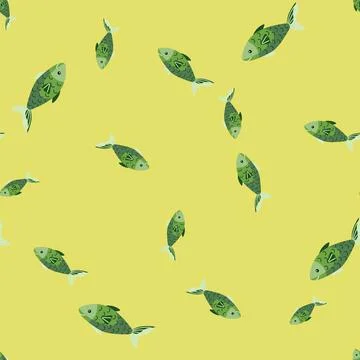 Seamless pattern fish on yellow background. Minimalist ornament with sea anim Stock Illustration