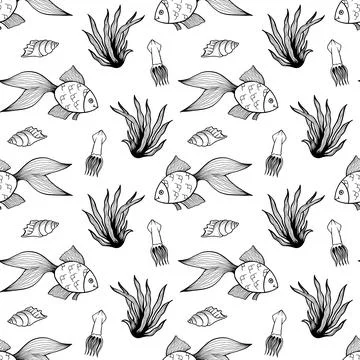 Seamless pattern with fishes and shells Illustrazione stock