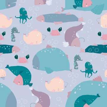 Seamless Pattern with Fishes on blue Background Stock Illustration