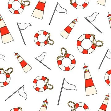 Seamless pattern with flag, lifebuoy and lighthouse. Stock Illustration