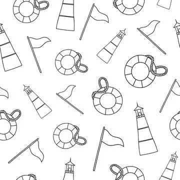 Seamless pattern with flag, lifebuoy and lighthouse. 스톡 일러스트