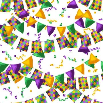 Seamless pattern with flags in Mardi Gras colors. 스톡 일러스트