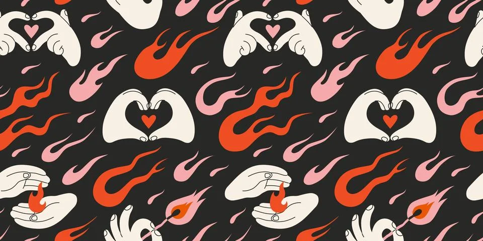 Seamless pattern with flames and Hands gestures making Heart shape or holdi.. イラスト素材