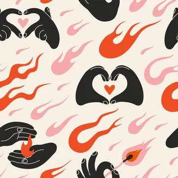 Seamless pattern with flames and Hands gestures making Heart shape or holdi.. Stock Illustration