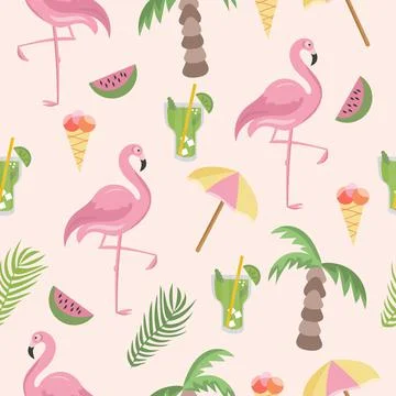 Seamless pattern flamingo and beach accessorie Stock Illustration