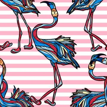 Seamless pattern with flamingo and pink stripes on white background. Stock Illustration