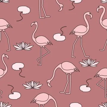 Seamless pattern with flamingo and water lily. Stock Illustration