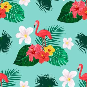 Seamless Pattern with Flamingo Bird, Tropical Leaves and Flowers. Repeated Stock Illustration