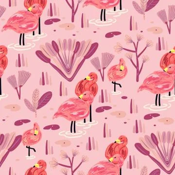 Seamless pattern with flamingo. Forest pattern vector background Illustrazione stock