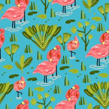 Seamless pattern with flamingo. Forest pattern vector background Illustrazione stock