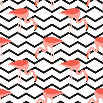 Seamless pattern flamingo standing on zig zag black and white background. pri Stock Illustration