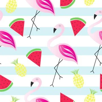 Seamless pattern with flamingo, watermelon and pineapple vector 스톡 일러스트