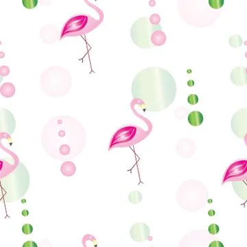 Seamless pattern with flamingos and abstract bubbles in pink and green colors Stock Illustration