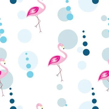 Seamless pattern with flamingos and abstract bubbles in blue colors Illustrazione stock