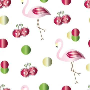 Seamless pattern with flamingos and cherries vector Stock Illustration