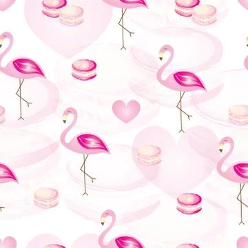 Seamless pattern with flamingos and macaroons vector - pink theme 스톡 일러스트