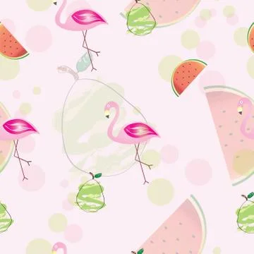 Seamless pattern with flamingos - pears and watermelons vector Illustrazione stock