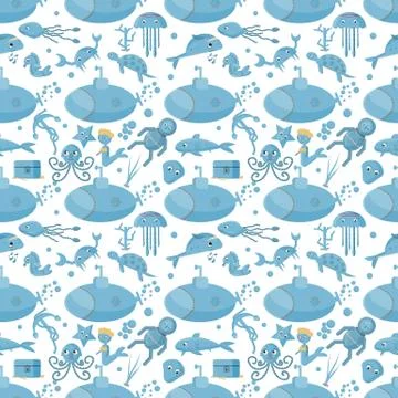 Seamless pattern flat 1 illustration on the theme of marine life, underwater Stockillustratie