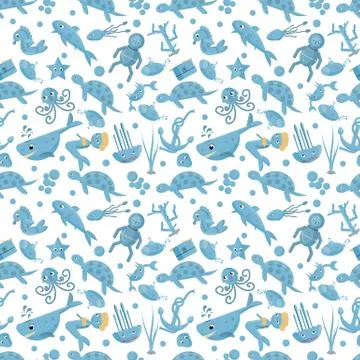 Seamless pattern flat 2 illustration on the theme of marine life, underwater Stock Illustration