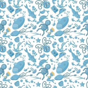 Seamless pattern flat 4 illustration on the theme of marine life, underwater Stock Illustration