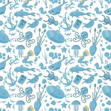Seamless pattern flat 5 illustration on the theme of marine life, underwater 스톡 일러스트