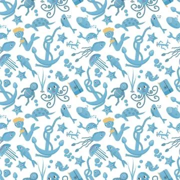 Seamless pattern flat 6 illustration on the theme of marine life, underwater Stockillustratie