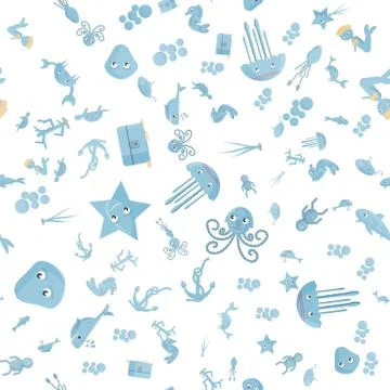 Seamless pattern flat 9 illustration on the theme of marine life, underwater イラスト素材