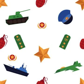 Seamless pattern with flat army, military objects イラスト素材