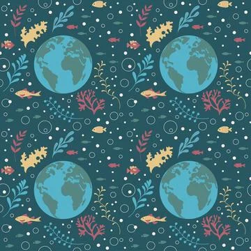 Seamless pattern, in flat art style, Planet Earth. Illustrazione stock
