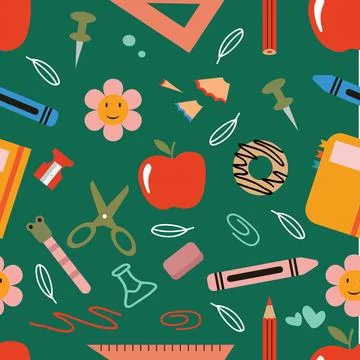 Seamless pattern of flat back to school elements and supplies on a green ba.. イラスト素材