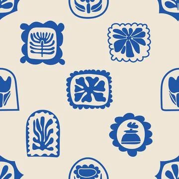 Seamless pattern with flat blue mediterranean shapes. Vector hand drawn sig.. Stock Illustration
