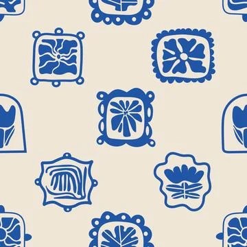 Seamless pattern with flat blue mediterranean shapes. Vector hand drawn sig.. Stock Illustration