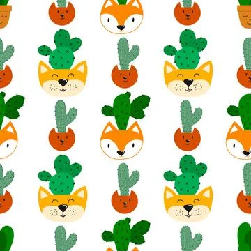 Seamless pattern. Flat cacti houseplant background. Cactus fabric pattern, cu Stock Illustration