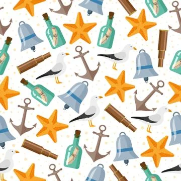Seamless pattern of flat cartoon nautical elements Stock Illustration