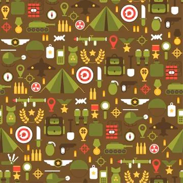 Seamless pattern of flat colorful  military and war icons set. Army infographic イラスト素材