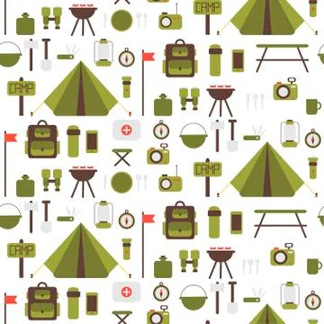 Seamless pattern of flat colorful vector camping equipment symbols and icons. Stock Illustration