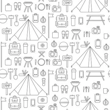 Seamless pattern of flat colorful vector camping equipment symbols and icons. Stock Illustration