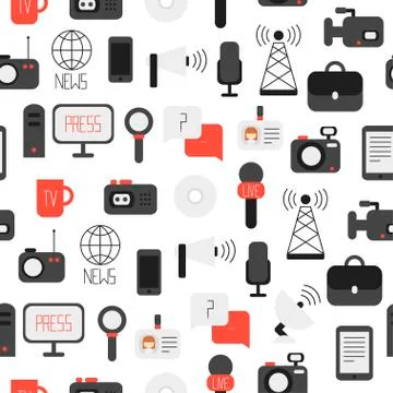 Seamless pattern of of flat colorful vector journalism icons. Mass media. Stock Illustration