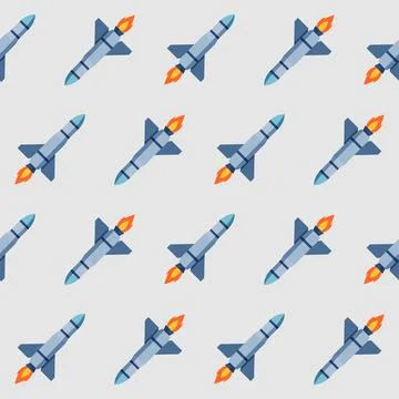 Seamless pattern of flat design rockets with flames, on a light background... Stock Illustration