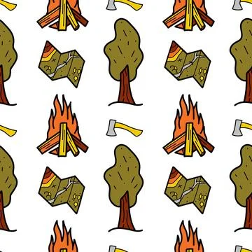 Seamless pattern flat drawings of hiking, camping Stock Illustration