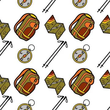 Seamless pattern flat drawings of hiking, camping Stock Illustration