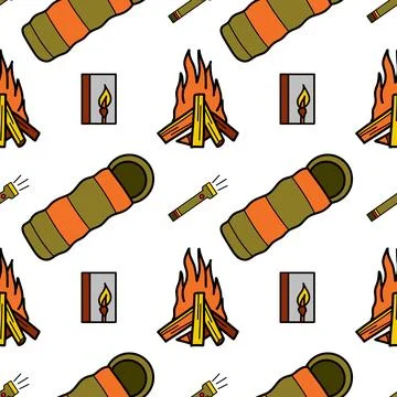Seamless pattern flat drawings of hiking, camping Stock Illustration