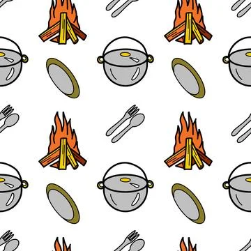 Seamless pattern flat drawings of hiking, camping Stock Illustration