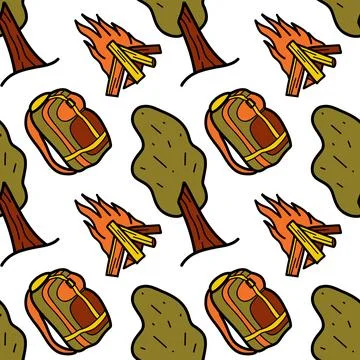 Seamless pattern flat drawings of hiking, camping Stock Illustration