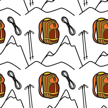Seamless pattern flat drawings of hiking, camping Stock Illustration
